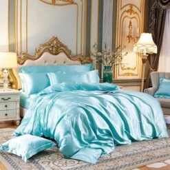 Cream Baby Blue Luxury Satin Bedding Set -Kawaii Store kawaiies plushies plush softtoy cream baby blue luxury satin bedding set bedding sets 531303