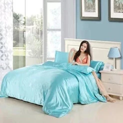Cream Baby Blue Luxury Satin Bedding Set -Kawaii Store kawaiies plushies plush softtoy cream baby blue luxury satin bedding set bedding sets 632572