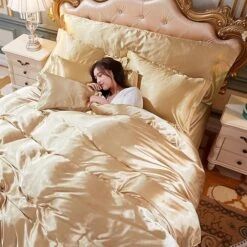 Cream Baby Blue Luxury Satin Bedding Set -Kawaii Store kawaiies plushies plush softtoy cream baby blue luxury satin bedding set bedding sets 704478