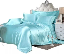 Cream Baby Blue Luxury Satin Bedding Set -Kawaii Store kawaiies plushies plush softtoy cream baby blue luxury satin bedding set bedding sets 967389