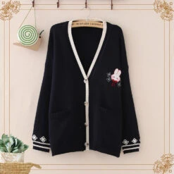 Apparel Cute Bunny Long Sleeve Knitted Pink Cream Black Cardigans Tops