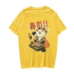 Apparel Cute Cat Eating Sushi Unisex Tee -Kawaii Store kawaiies plushies plush softtoy cute cat eating sushi unisex tee tops yellow s 841629