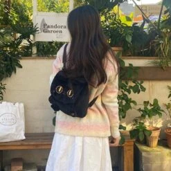 Apparel Cute Fluffy Moon Black Cat Plush Bag -Kawaii Store kawaiies plushies plush softtoy cute fluffy moon black cat plush bag bag 374545