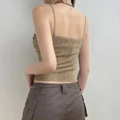 Apparel Cute Khaki Lace Spaghetti Vest 30 Apparel Cute Khaki Lace Spaghetti Vest -Kawaii Store kawaiies plushies plush softtoy cute khaki lace spaghetti vest tops 140278