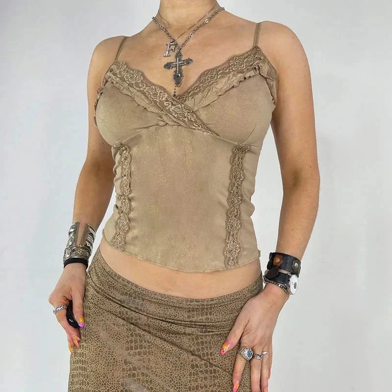 Apparel Cute Khaki Lace Spaghetti Vest 5 Apparel Cute Khaki Lace Spaghetti Vest - Image 3