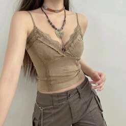 Apparel Cute Khaki Lace Spaghetti Vest 29 Apparel Cute Khaki Lace Spaghetti Vest -Kawaii Store kawaiies plushies plush softtoy cute khaki lace spaghetti vest tops 311807