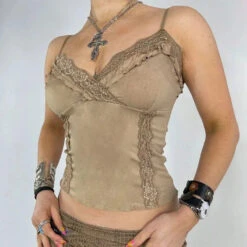 Kawaii Store -Kawaii Store kawaiies plushies plush softtoy cute khaki lace spaghetti vest tops 480451