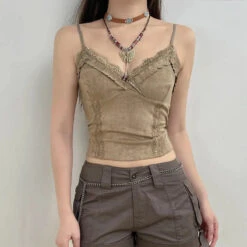 Kawaii Store 41 Apparel Cute Khaki Lace Spaghetti Vest