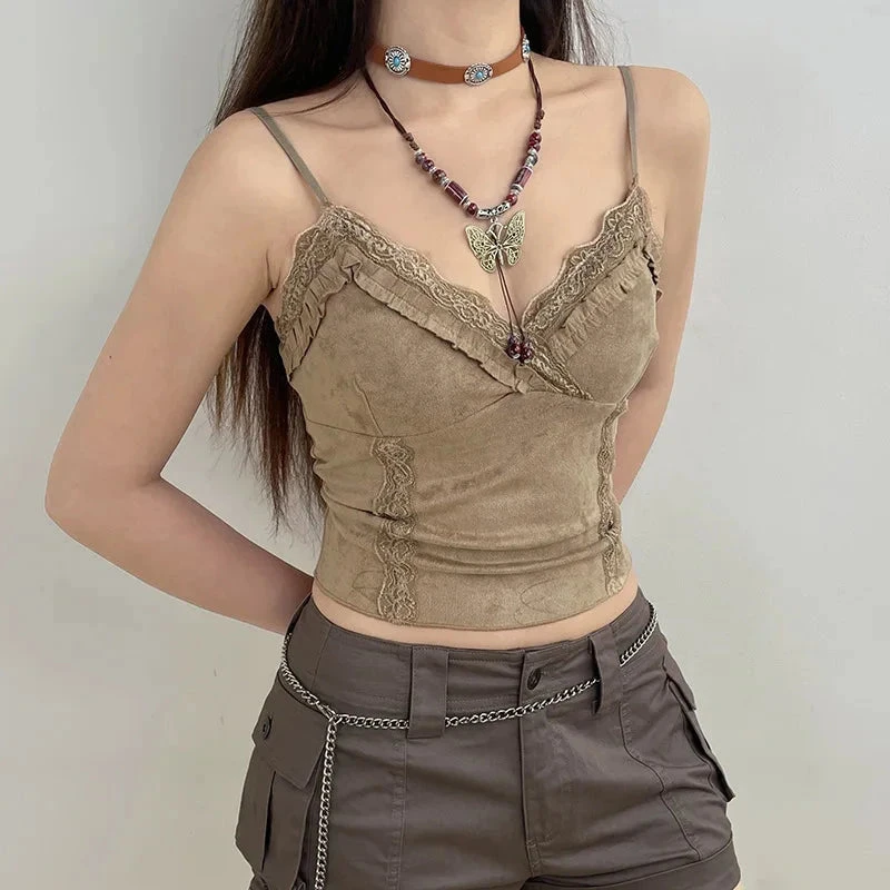 Apparel Cute Khaki Lace Spaghetti Vest 9 Apparel Cute Khaki Lace Spaghetti Vest - Image 7