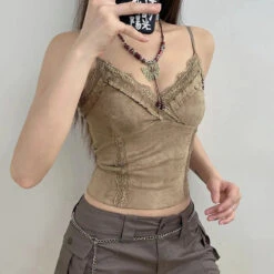 Apparel Cute Khaki Lace Spaghetti Vest 27 Apparel Cute Khaki Lace Spaghetti Vest -Kawaii Store kawaiies plushies plush softtoy cute khaki lace spaghetti vest tops 868791