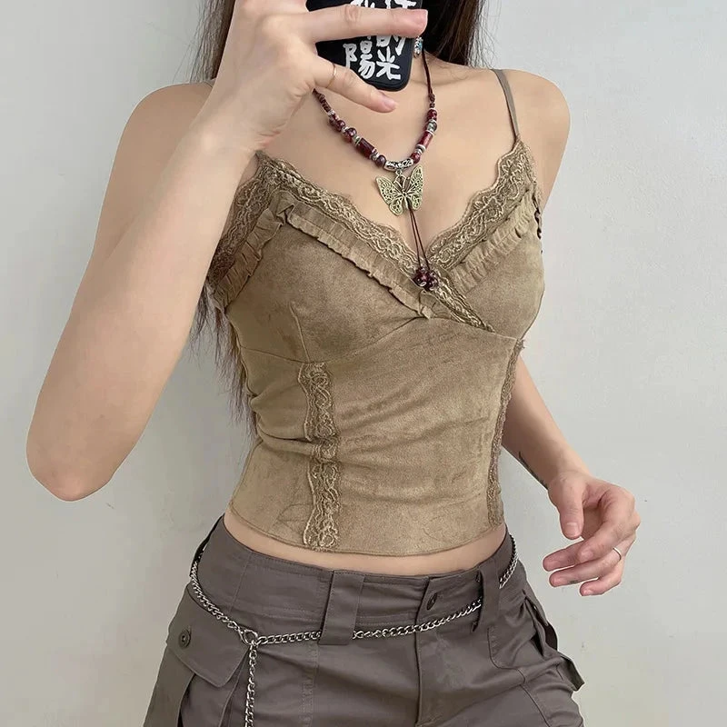 Apparel Cute Khaki Lace Spaghetti Vest 8 Apparel Cute Khaki Lace Spaghetti Vest - Image 6