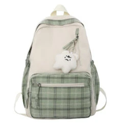 Apparel Cute Plaid Two-Tone Pastel Backpack -Kawaii Store kawaiies plushies plush softtoy cute plaid two tone pastel backpack new bags green 984159
