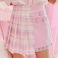 Apparel Cute Pleated Pink White Checked Women High-Waist Short Skirt With Lace & Shorts -Kawaii Store kawaiies plushies plush softtoy cute pleated pink white checked women high waist short skirt with lace shorts apparel 127987