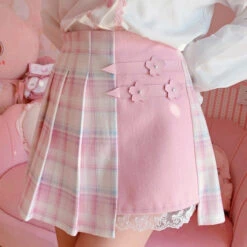 Apparel Cute Pleated Pink White Checked Women High-Waist Short Skirt With Lace & Shorts -Kawaii Store kawaiies plushies plush softtoy cute pleated pink white checked women high waist short skirt with lace shorts apparel 273148