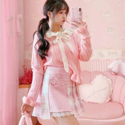 Apparel Cute Pleated Pink White Checked Women High-Waist Short Skirt With Lace & Shorts -Kawaii Store kawaiies plushies plush softtoy cute pleated pink white checked women high waist short skirt with lace shorts apparel 403563