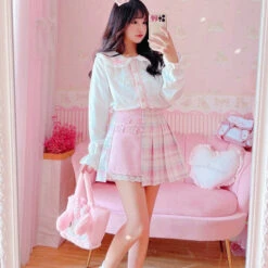 Apparel Cute Pleated Pink White Checked Women High-Waist Short Skirt With Lace & Shorts -Kawaii Store kawaiies plushies plush softtoy cute pleated pink white checked women high waist short skirt with lace shorts apparel 819365