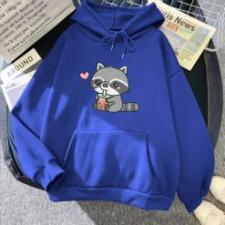 Apparel Cute Raccoon Drinking Bubble Milk Tea Unisex Hoodie -Kawaii Store kawaiies plushies plush softtoy cute raccoon drinking bubble milk tea unisex hoodie apparel dark blue xl 218521