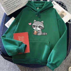 Apparel Cute Raccoon Drinking Bubble Milk Tea Unisex Hoodie -Kawaii Store kawaiies plushies plush softtoy cute raccoon drinking bubble milk tea unisex hoodie apparel dark green xl 120216