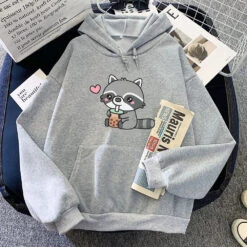 Apparel Cute Raccoon Drinking Bubble Milk Tea Unisex Hoodie -Kawaii Store kawaiies plushies plush softtoy cute raccoon drinking bubble milk tea unisex hoodie apparel gray xxxl 381991