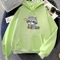 Apparel Cute Raccoon Drinking Bubble Milk Tea Unisex Hoodie -Kawaii Store kawaiies plushies plush softtoy cute raccoon drinking bubble milk tea unisex hoodie apparel light green xxl 165702