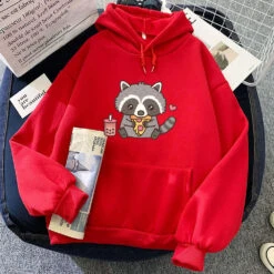 Apparel Cute Raccoon Eating Bubble Milk Tea And Pizza Unisex Hoodies -Kawaii Store kawaiies plushies plush softtoy cute raccoon eating bubble milk tea and pizza unisex hoodies apparel red s 977141