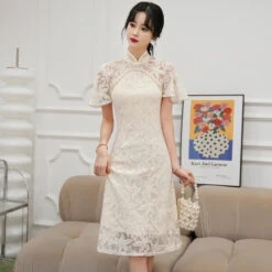 Apparel Dainty Lace Chinese Traditional Qipao Cheongsam Dress -Kawaii Store kawaiies plushies plush softtoy dainty lace chinese traditional qipao cheongsam dress apparel cream s 632408