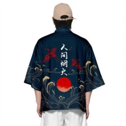 Apparel Dark Navy Blood-Red Sun Cranes Unisex Kimono -Kawaii Store kawaiies plushies plush softtoy dark navy blood red sun cranes unisex kimono kimono 108546