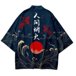 Apparel Dark Navy Blood-Red Sun Cranes Unisex Kimono -Kawaii Store kawaiies plushies plush softtoy dark navy blood red sun cranes unisex kimono kimono 618351