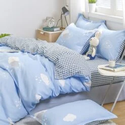 Dreamy Blue Clouds Checked 120gsm Polyester Bedding Set -Kawaii Store kawaiies plushies plush softtoy dreamy blue clouds checked 120gsm polyester bedding set bedding sets 890195