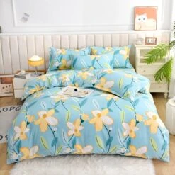 Elegant Blue Pink Floral Bedding Set Collection