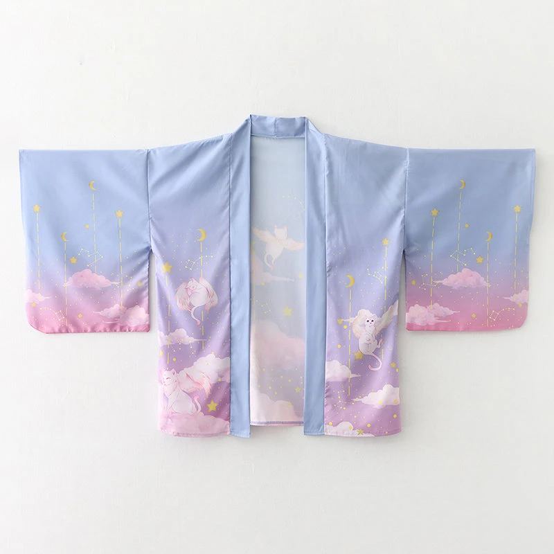 Apparel Elegant Sky Clouds Flying Cats Japanese Kimono 7 Apparel Elegant Sky Clouds Flying Cats Japanese Kimono - Image 5