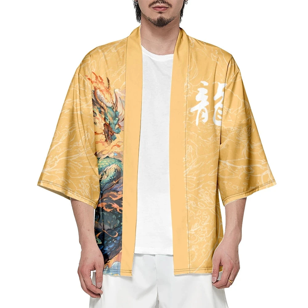 Apparel Emerald Flaming Dragon Golden Unisex Kimono 4 Apparel Emerald Flaming Dragon Golden Unisex Kimono - Image 2