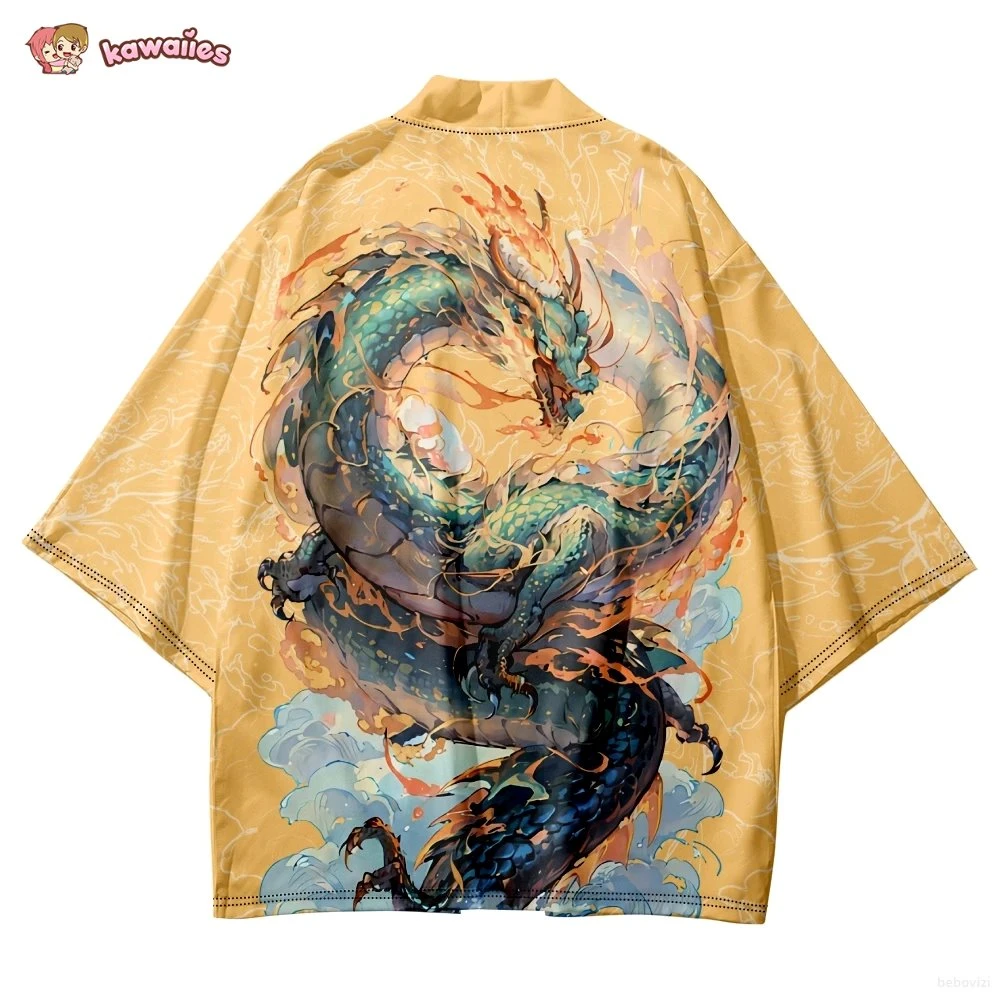 Apparel Emerald Flaming Dragon Golden Unisex Kimono 7 Apparel Emerald Flaming Dragon Golden Unisex Kimono - Image 5