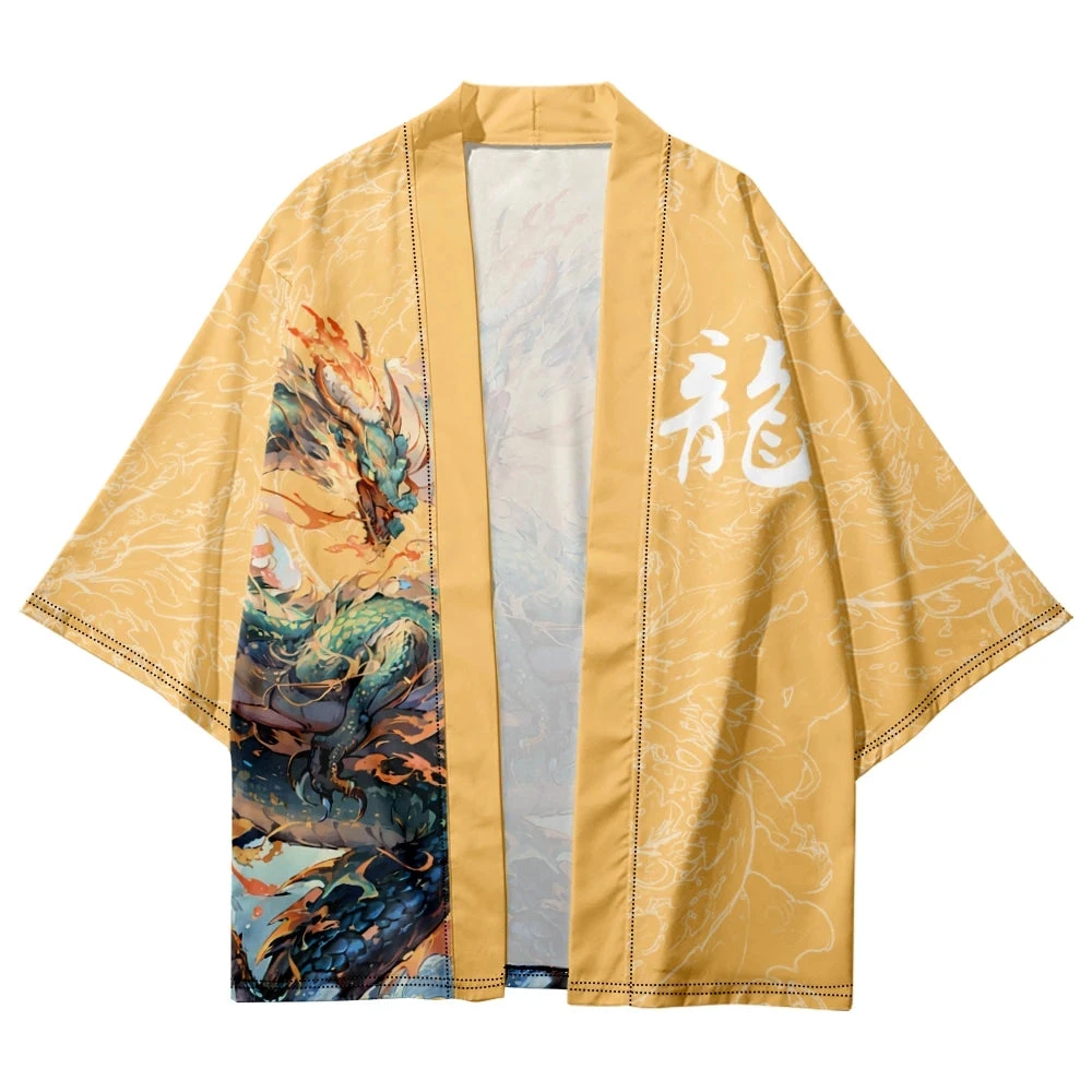 Apparel Emerald Flaming Dragon Golden Unisex Kimono 6 Apparel Emerald Flaming Dragon Golden Unisex Kimono - Image 4