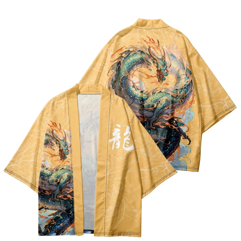 Apparel Emerald Flaming Dragon Golden Unisex Kimono 5 Apparel Emerald Flaming Dragon Golden Unisex Kimono - Image 3