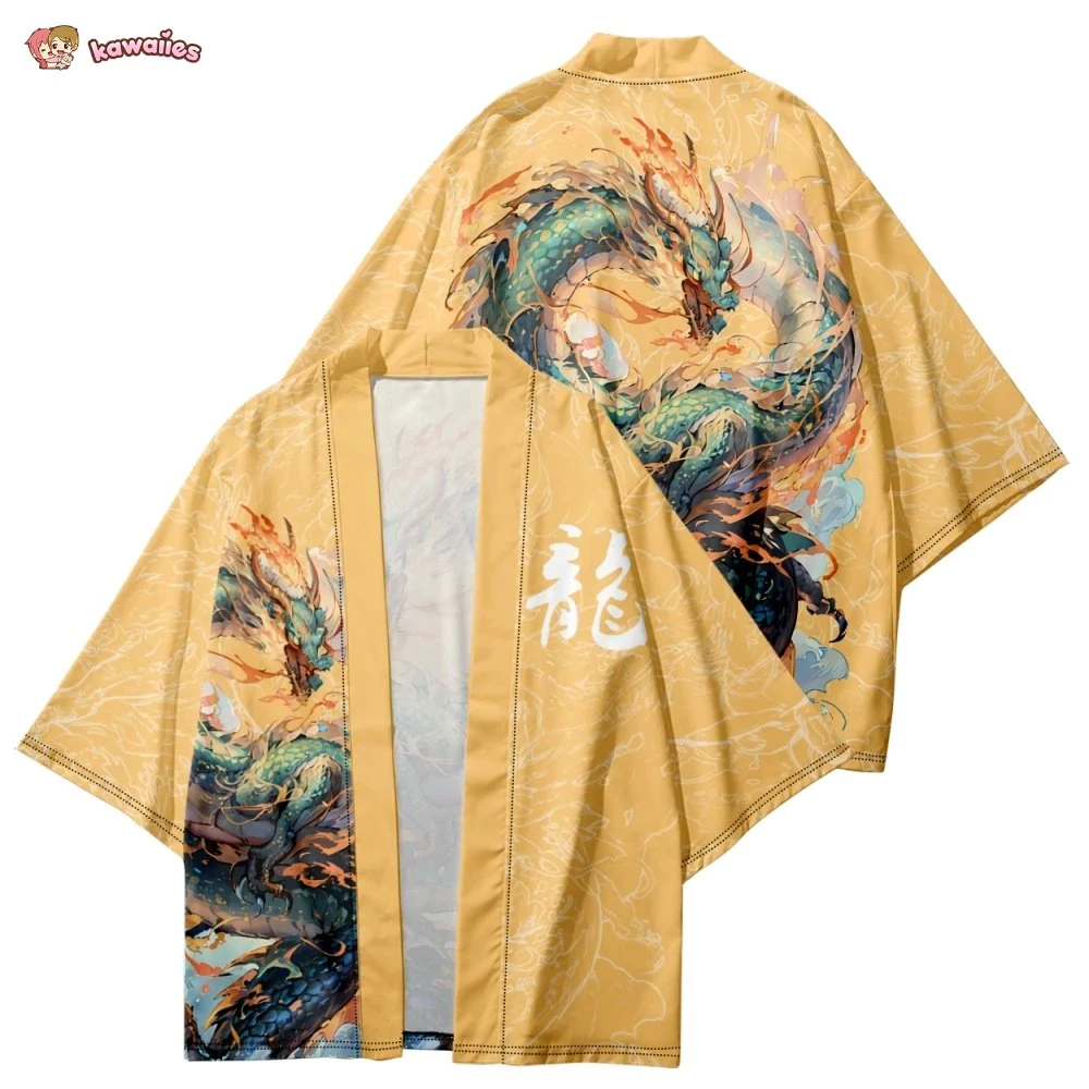 Apparel Emerald Flaming Dragon Golden Unisex Kimono 9 Apparel Emerald Flaming Dragon Golden Unisex Kimono - Image 7
