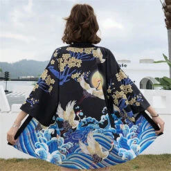 Apparel Exquisite Japanese-themed Crane Waves Women's Kimono Cardigan 13 Apparel Exquisite Japanese-themed Crane Waves Women's Kimono Cardigan -Kawaii Store kawaiies plushies plush softtoy exquisite japanese themed crane waves womens kimono cardigan clothing black moon 857465