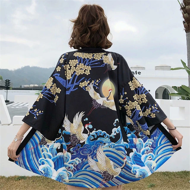 Apparel Exquisite Japanese-themed Crane Waves Women's Kimono Cardigan 5 Apparel Exquisite Japanese-themed Crane Waves Women's Kimono Cardigan - Image 3