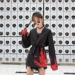 Apparel Flaming Red Phoenix Black White Women's Kimono Cardigan -Kawaii Store kawaiies plushies plush softtoy flaming red phoenix black white womens kimono cardigan kimono 232221