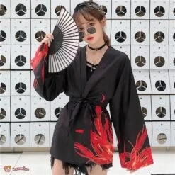 Apparel Flaming Red Phoenix Black White Women's Kimono Cardigan -Kawaii Store kawaiies plushies plush softtoy flaming red phoenix black white womens kimono cardigan kimono 323578