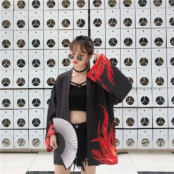 Apparel Flaming Red Phoenix Black White Women's Kimono Cardigan -Kawaii Store kawaiies plushies plush softtoy flaming red phoenix black white womens kimono cardigan kimono 492155