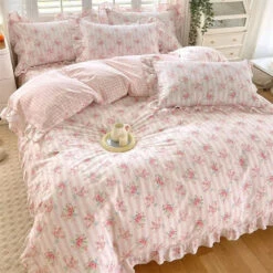Floral Pink Ruffles 100% Cotton 3pc Bedding Set
