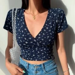 Apparel Floral V-Neck Women's Cross Crop Top -Kawaii Store kawaiies plushies plush softtoy floral v neck womens cross crop top tops 478048