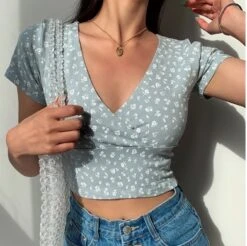 Apparel Floral V-Neck Women's Cross Crop Top -Kawaii Store kawaiies plushies plush softtoy floral v neck womens cross crop top tops 512704