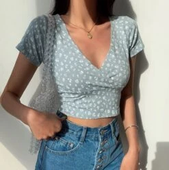 Apparel Floral V-Neck Women's Cross Crop Top -Kawaii Store kawaiies plushies plush softtoy floral v neck womens cross crop top tops 679693