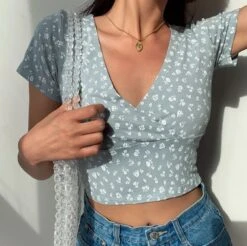 Apparel Floral V-Neck Women's Cross Crop Top -Kawaii Store kawaiies plushies plush softtoy floral v neck womens cross crop top tops 768774