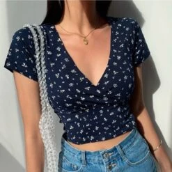 Apparel Floral V-Neck Women's Cross Crop Top -Kawaii Store kawaiies plushies plush softtoy floral v neck womens cross crop top tops 955960