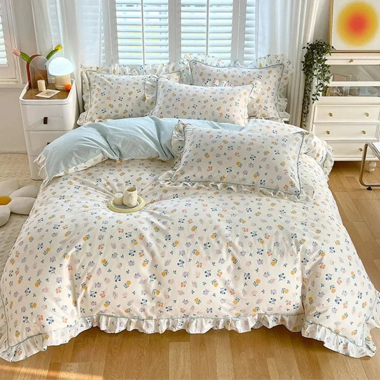 Floral White Blue Ruffles 100% Cotton 3pc Bedding Set 6 Floral White Blue Ruffles 100% Cotton 3pc Bedding Set - Image 4