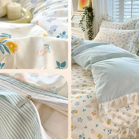 Floral White Blue Ruffles 100% Cotton 3pc Bedding Set 7 Floral White Blue Ruffles 100% Cotton 3pc Bedding Set - Image 5