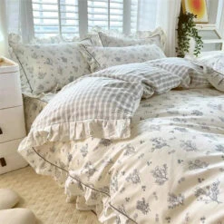Floral White Blue Ruffles 100% Cotton 3pc Bedding Set 9 Floral White Blue Ruffles 100% Cotton 3pc Bedding Set -Kawaii Store kawaiies plushies plush softtoy floral white blue ruffles 100 cotton 3pc bedding set home decor gray single 936840